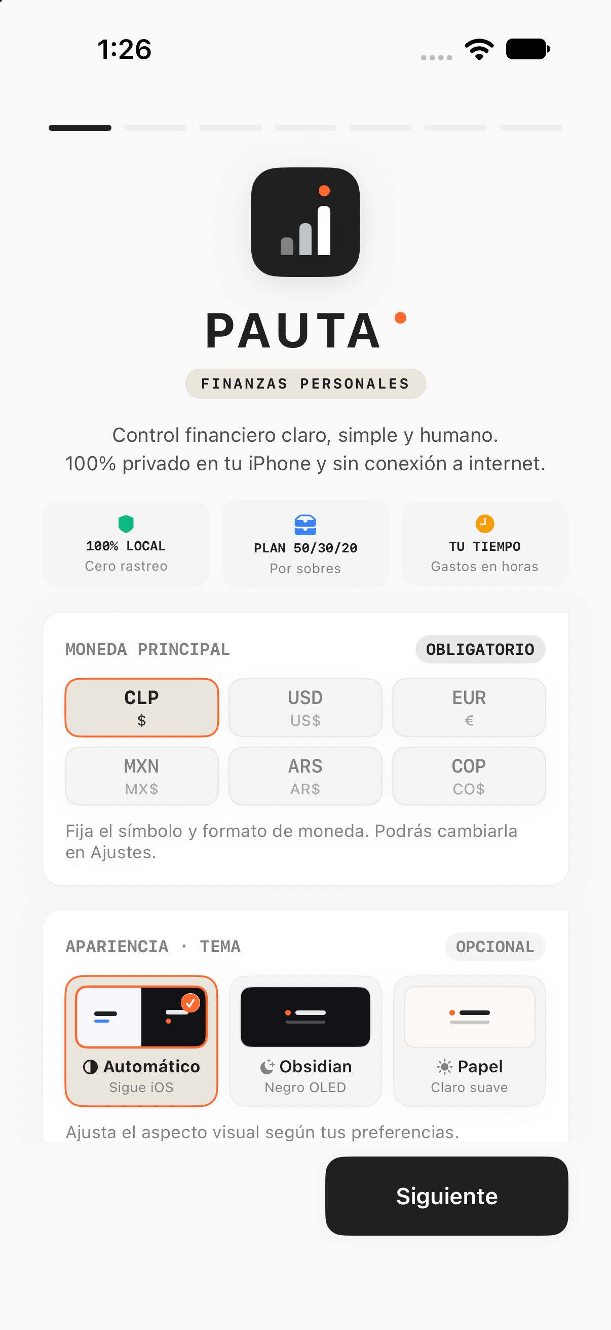 Primer paso: moneda principal y apariencia en tema claro