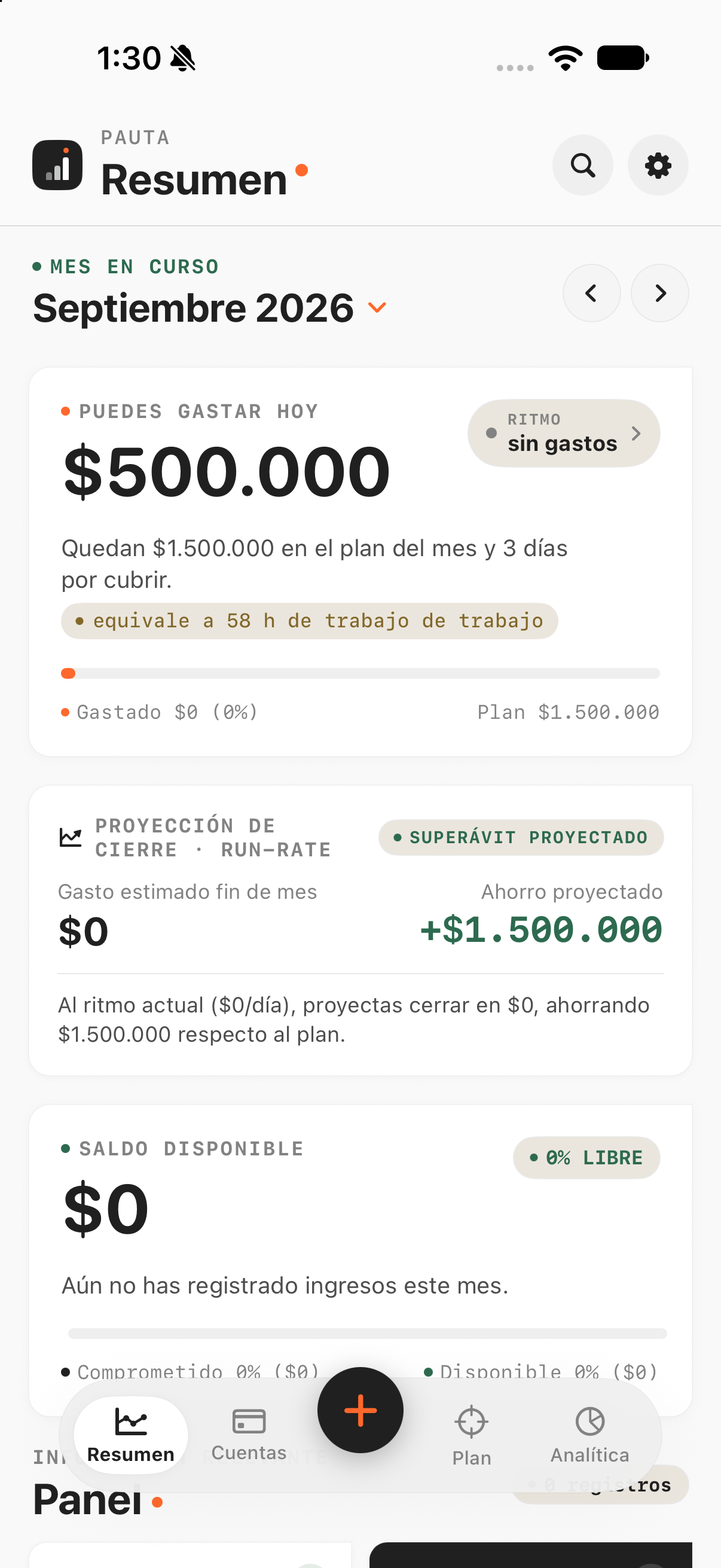 Pantalla Resumen de Pauta: puedes gastar hoy 500.000 pesos, proyección de cierre y saldo disponible