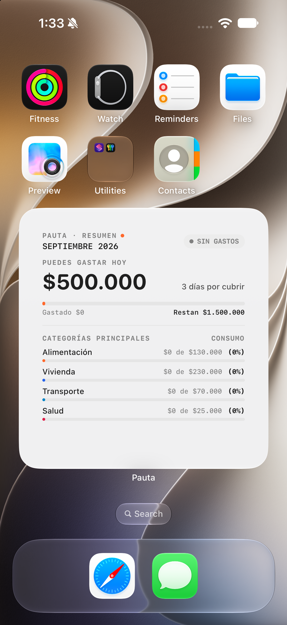 Widget grande de Pauta en la pantalla de inicio